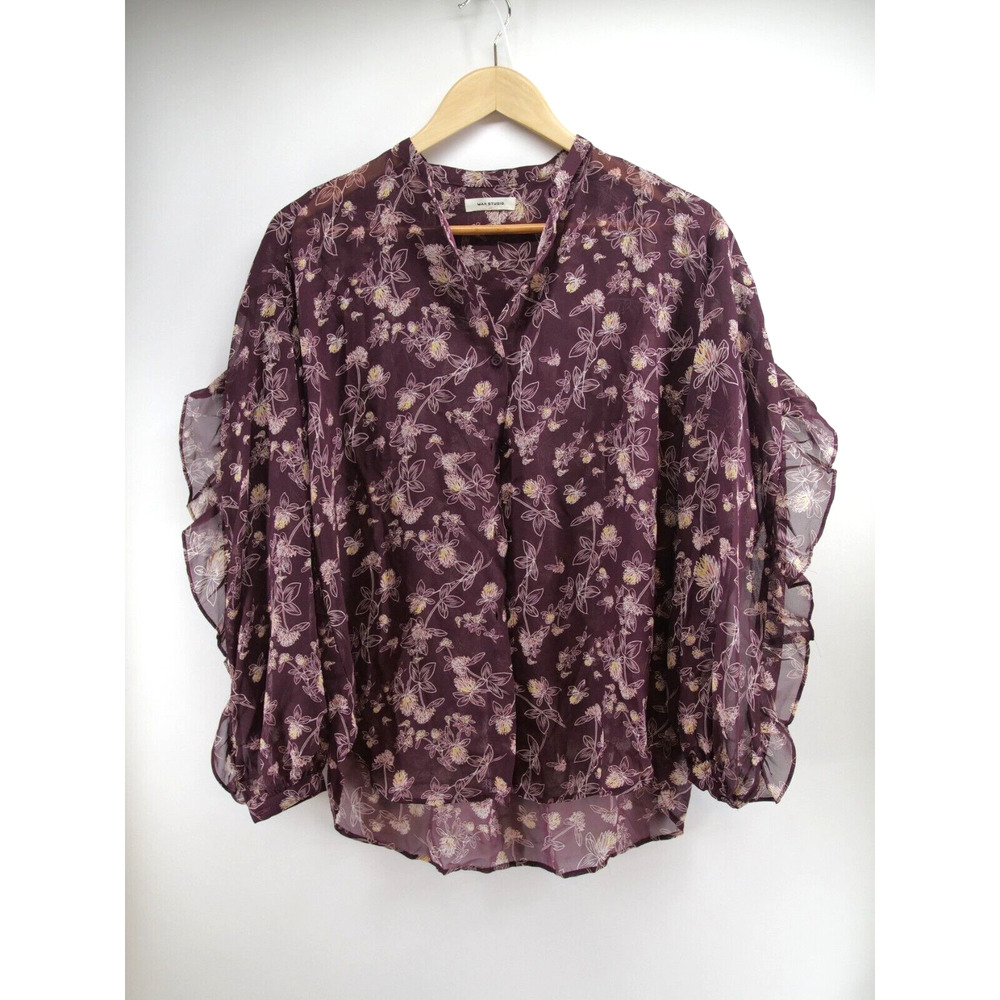Max Studio Red Floral‎ semi sheer plum cream floral blouse